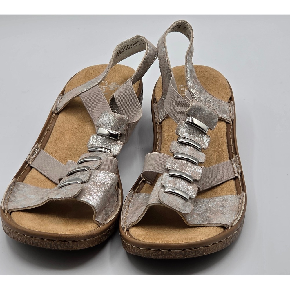 Rieker Antistress Sandals Womens 41 Silver Excellent Metallic Elastic T-Strap